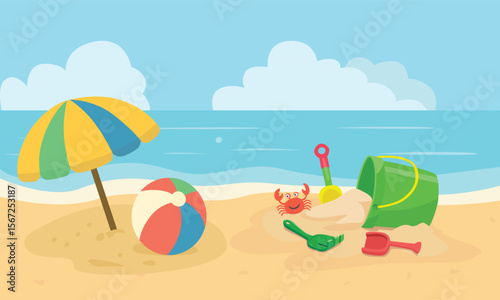Summer vector. Beach landscape with sea, sand, sky, sand bucket and shovel, umbrella, beach ball. Summer clipart in flat cartoon style. Summer beach vector.