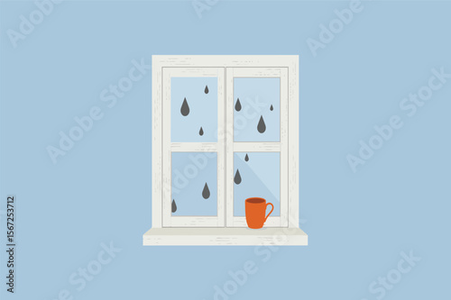 Rain falling on windowpane with a mug of tea vector illustration