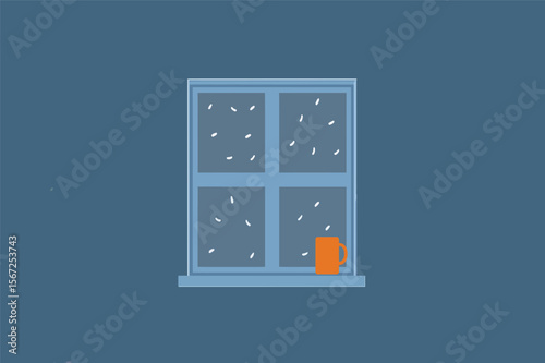 Rain falling on window cozy tea sipping vector illustration