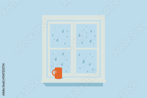 Rain falling on windowpane with mug of tea cozy home vector illustration