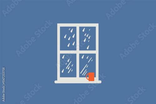 Rain falling on windowpane sipping tea cozy vector illustration