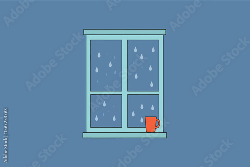 Rain falling on windowpane sipping tea cozy vector illustration