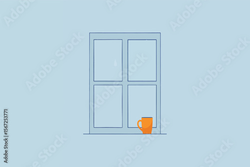 Rain falling on windowpane sipping tea cozy home vector illustration