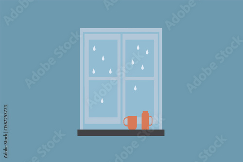 Rain falling on window sipping tea cozy home vector illustration