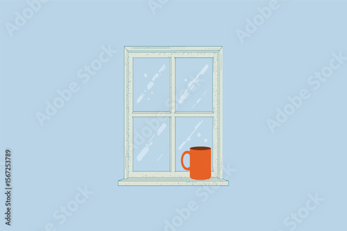 Rain falling on windowpane with a mug of tea vector illustration