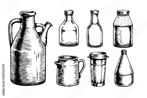 Vintage Milk Containers Vector Engraving Set. Detailed Monochrome Dairy Illustrations. Retro Stipple & Hatching Style Icons & Symbols
