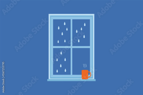 Rain falling on windowpane sipping warm tea cozy home vector illustration