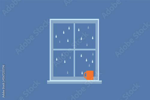 Rain falling on window cozy tea sipping vector illustration