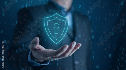 Digital security concept. businessman hand with shiel symbol on blue background
