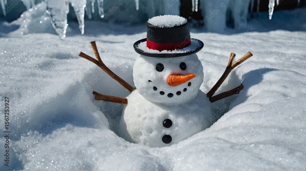 Fototapeta premium A snowman with a hat and carrot nose is sitting in the snow