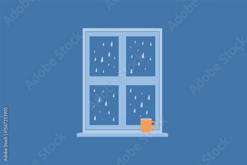 Rain falling on windowpane sipping warm tea cozy vector illustration