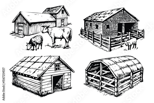 Farm Shelters Vector Engraving Set. Detailed Monochrome Barn & Coop Illustrations. Vintage Stipple & Hatching Architectural Style Icons & Symbols