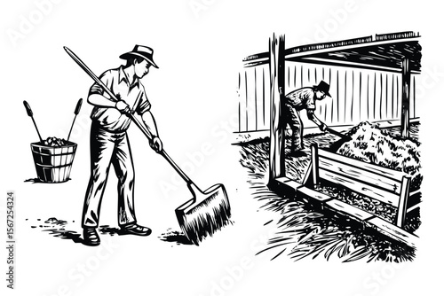 Farmer Activities Vector Engraving Set. Detailed Monochrome Rural Life Illustrations. Vintage Stipple & Hatching Farm Style Icons & Symbols