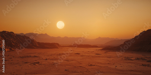 Fototapeta Naklejka Na Ścianę i Meble -  A barren red desert with two suns setting in the sky