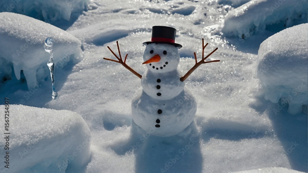 Obraz premium A snowman with a hat and carrot nose is sitting in the snow