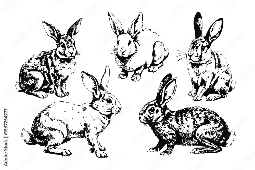 Obraz premium Rabbits Vector Engraving Set. Detailed Monochrome Livestock Illustrations. Vintage Stipple & Hatching Rural Animal Style Icons & Symbols