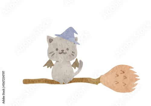 かわいい箒に乗った黒猫のイラスト