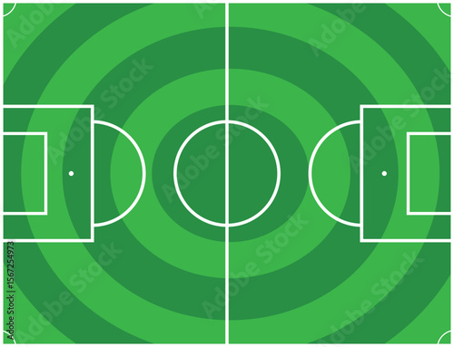 Vector illustration of a soccer field top view with distinctive concentric circular mowing stripes. Includes goal areas, penalty spots, and center circle in a clean white line design on green grass 