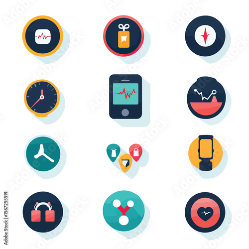 2D Flat icon Fitness Tracking & Health Apps Icons isolated in White Background