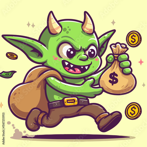 cartoon vector illustration of goblin stealing money