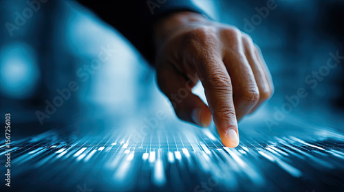 Stock market trust and economic outlook concept. A hand interacting with a digital interface glowing in blue.