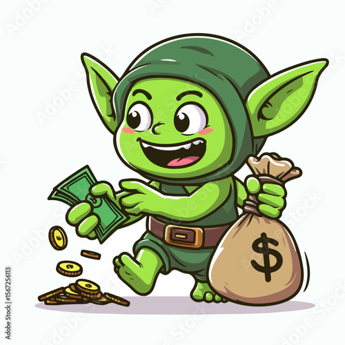 cartoon vector illustration of goblin stealing money