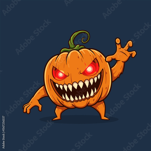 Menacing cartoon pumpkin with glowing red eyes, jagged teeth, and clawed hands, standing on a dark blue background.