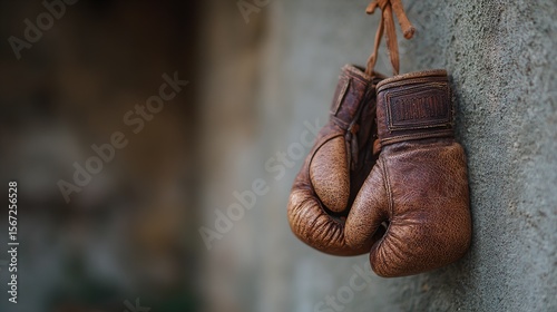 Vintage boxing gloves on textured wall, weathered leather details. Timeless strength and history in worn gear.
