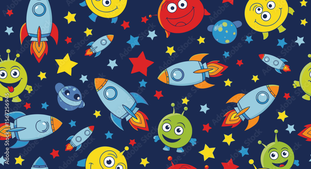Naklejka premium A colorful, whimsical pattern featuring rockets, aliens, planets, and stars on a dark blue background, perfect for children's designs and space-themed projects.