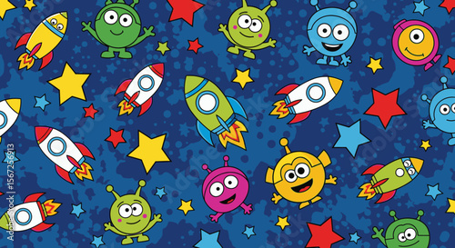 Happy aliens and rockets fly across a vibrant blue space background, creating a cheerful and playful cosmic scene perfect for kids' textile designs, wrapping paper, or party decorations.