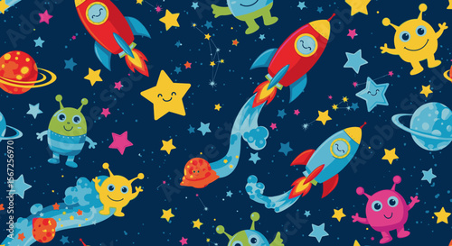 Whimsical cartoon aliens and rockets soar through a starry, colorful galaxy on a dark blue background.