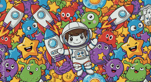 Cute cartoon astronaut floating among colorful aliens, rockets, and stars in outer space, celebrating discovery and adventure.