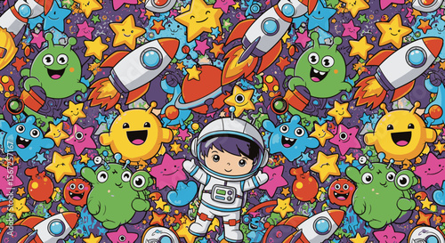 Happy astronaut surrounded by cheerful aliens, rockets, and stars in a vibrant, playful space-themed illustration, perfect for kids' textile designs or whimsical backgrounds.