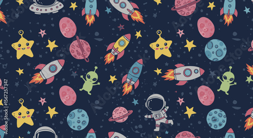 Whimsical space pattern featuring cute cartoon astronauts, aliens, rockets, stars, and planets against a dark starry night sky.
