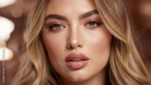 Close Up Portrait Of Young Woman with Glitter Makeup and Blonde Hair in a Blurred Bokeh Background