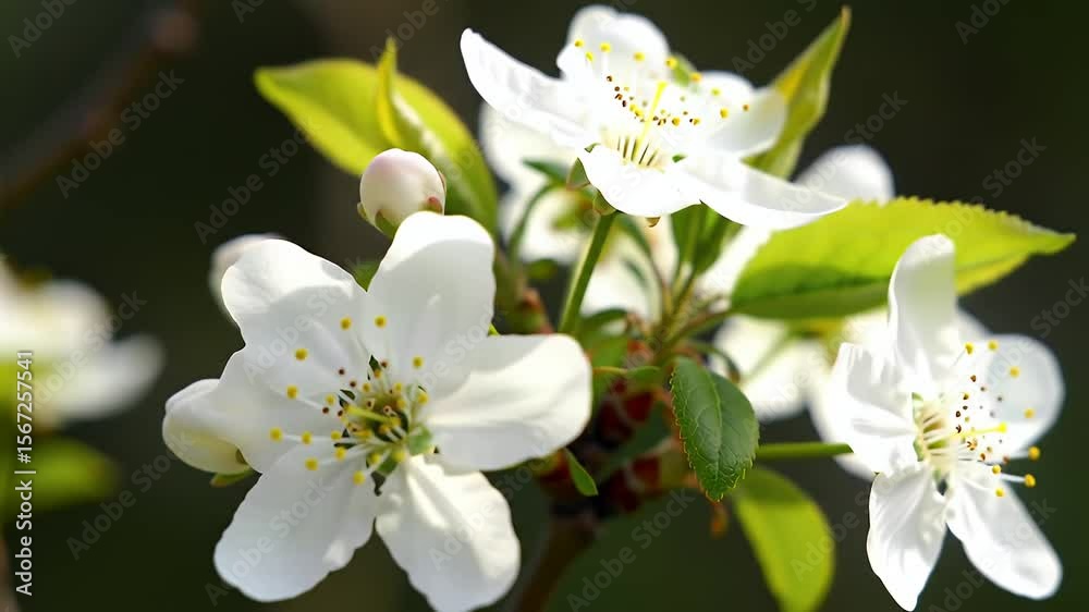 Closeup of Blooming White Flowers with Bright Yellow Center with Green Leaves and Dark Background Closeup of Blooming White Flowers with Bright Yellow Center with Green Leaves and Dark Background