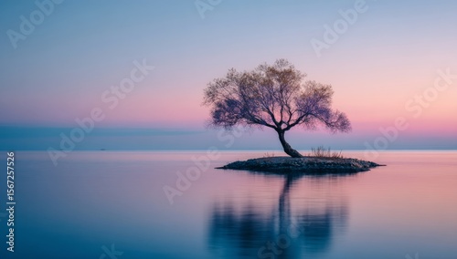 Solitary Tree at Sunset on Calm Water
