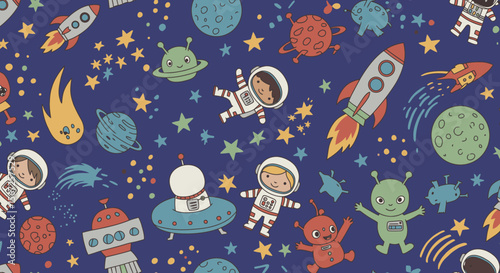 A delightful seamless pattern featuring cute cartoon astronauts, colorful planets, speedy rockets, and friendly aliens adventuring through a starry dark blue outer space.