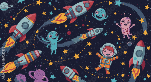 Happy aliens and astronauts soar through a vibrant, starry cosmos aboard colorful rockets, creating a whimsical and playful space adventure scene, perfect for kids' projects or imaginative designs.