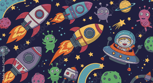 Whimsical cartoon illustration of friendly aliens and colorful rockets exploring outer space with planets and stars.