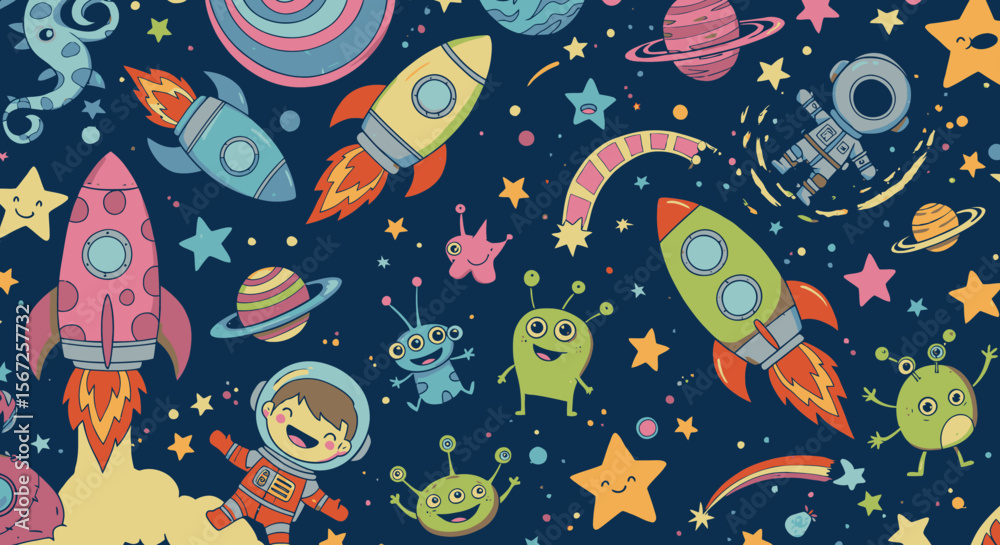 Naklejka premium A vibrant, cartoon illustration depicts a playful space scene with rockets, planets, smiling aliens, astronauts, and stars against a deep blue cosmic background, perfect for children's designs.
