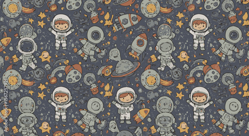Whimsical cartoon astronauts and rockets float among stars and planets in a charming, seamless space-themed pattern.