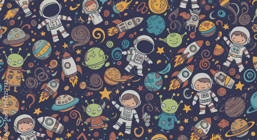 A whimsical and playful space-themed pattern featuring astronauts, rockets, planets, and aliens scattered across a dark blue background, perfect for children's designs.