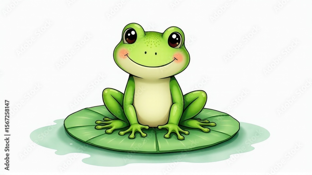 Obraz premium Cute Happy Cartoon Frog Sitting on Water Lily Pad