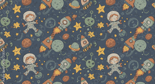 A charming hand-drawn seamless pattern featuring cute astronauts, rockets, and planets floating in a whimsical outer space cosmos.