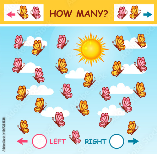 How many butterfly insect fly left, right direction, math children education puzzle game. Mathematics counting number moths bug animal. Kid learning spatial orientation. Preschool logical task. Vector