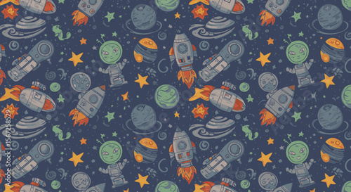 Whimsical space-themed repeat pattern featuring rockets, planets, stars, and astronauts on a dark blue background, perfect for children's products and designs.