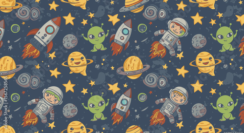 Whimsical cartoon space pattern featuring friendly aliens, astronauts, rockets, planets, and stars on a dark blue background.