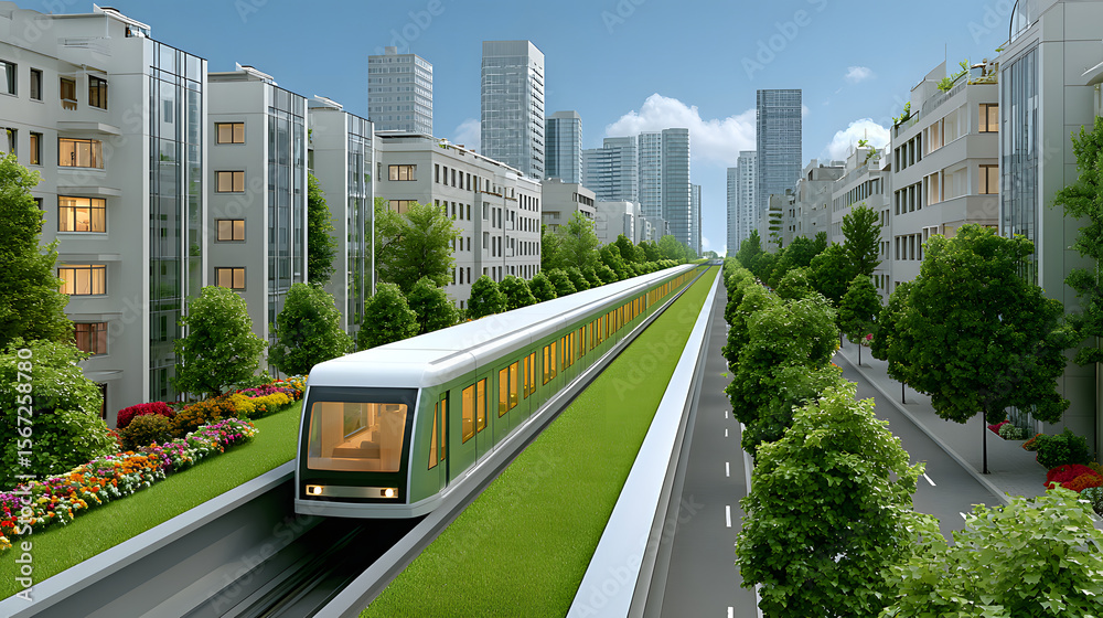 Fototapeta premium Technology of hyperloop with sustainability. Urban train traveling through a green cityscape with modern buildings.