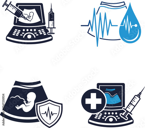 Monochrome Prenatal Care and Medical Diagnostics Icon Set